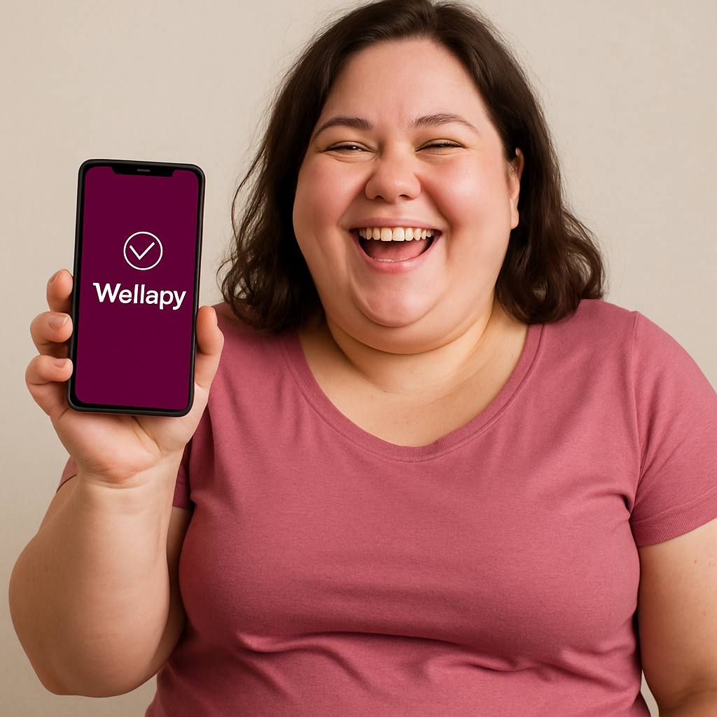 Une personne heureuse en surpoids avec un téléphone portable dans la main avec l'application Wellapy Utilisez le code couleur 51144d pour Wellapy-1