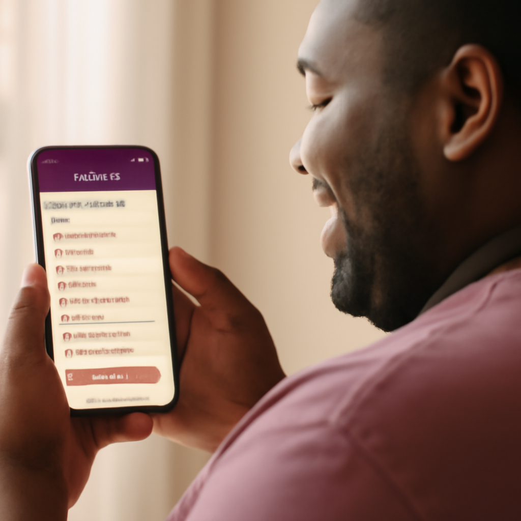 Create a highquality natural photo of a joyful plussize adult holding a smartphone with his back towards us and he is looking at the screen On the phone screen clearly display the Wellapy questionnaire UI Use the brand palette throughout deep plum 51-1
