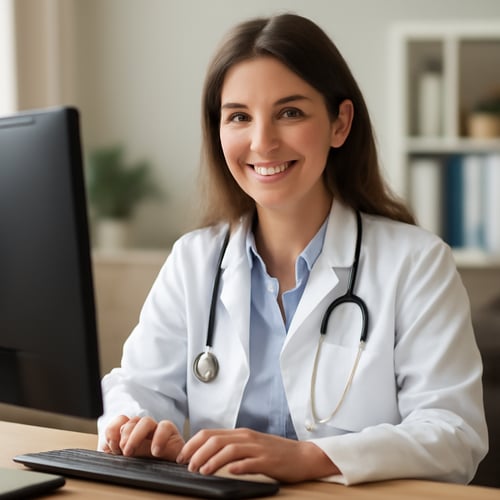 Create a highquality natural photo of a smiling and confident female medical doctor age 30 in front of the computer where she is prescribing a DTx