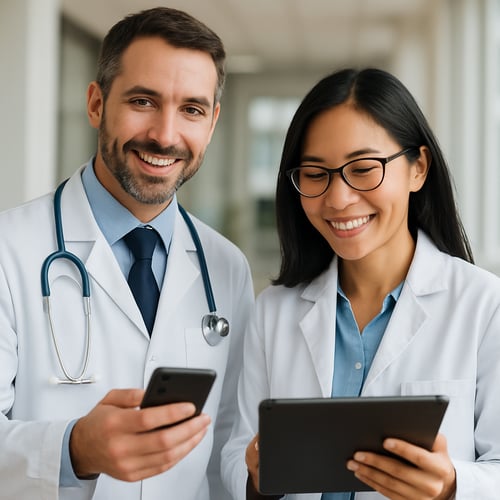 Two doctors male and female with smart phone and tablet smiling and one lookinbg at the the screen the other one looking at you